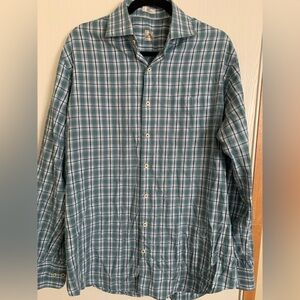 Peter Millar Shirt Mens Large Plaid Button Down Green Blue Long Sleeve Cotton